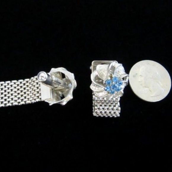 Vintage blue rhinestone silver tone ribbons unisex wrap cufflinks - Picture 5 of 7